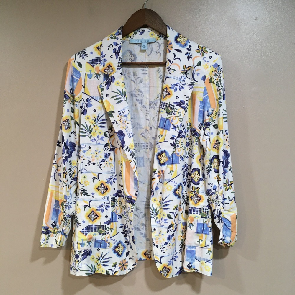 Blue Sol Linen Blend Open Front Blazer Womens M Blue White Mediterranean Coastal